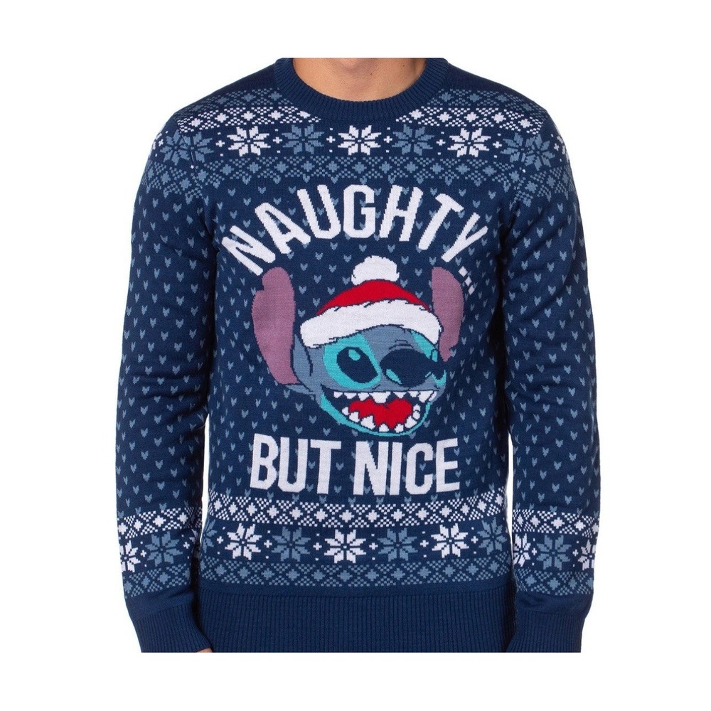 Disney Lilo & Stitch Naughty But Nice Christmas Ugly Sweater Navy Blue Mens L